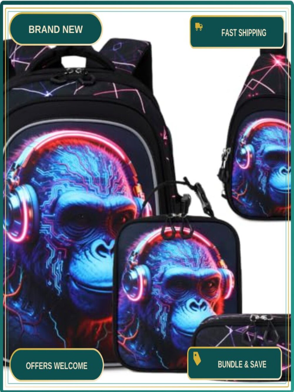 Boys Backpack Set with Lunch Bag Sling Pencil Case Waterproof